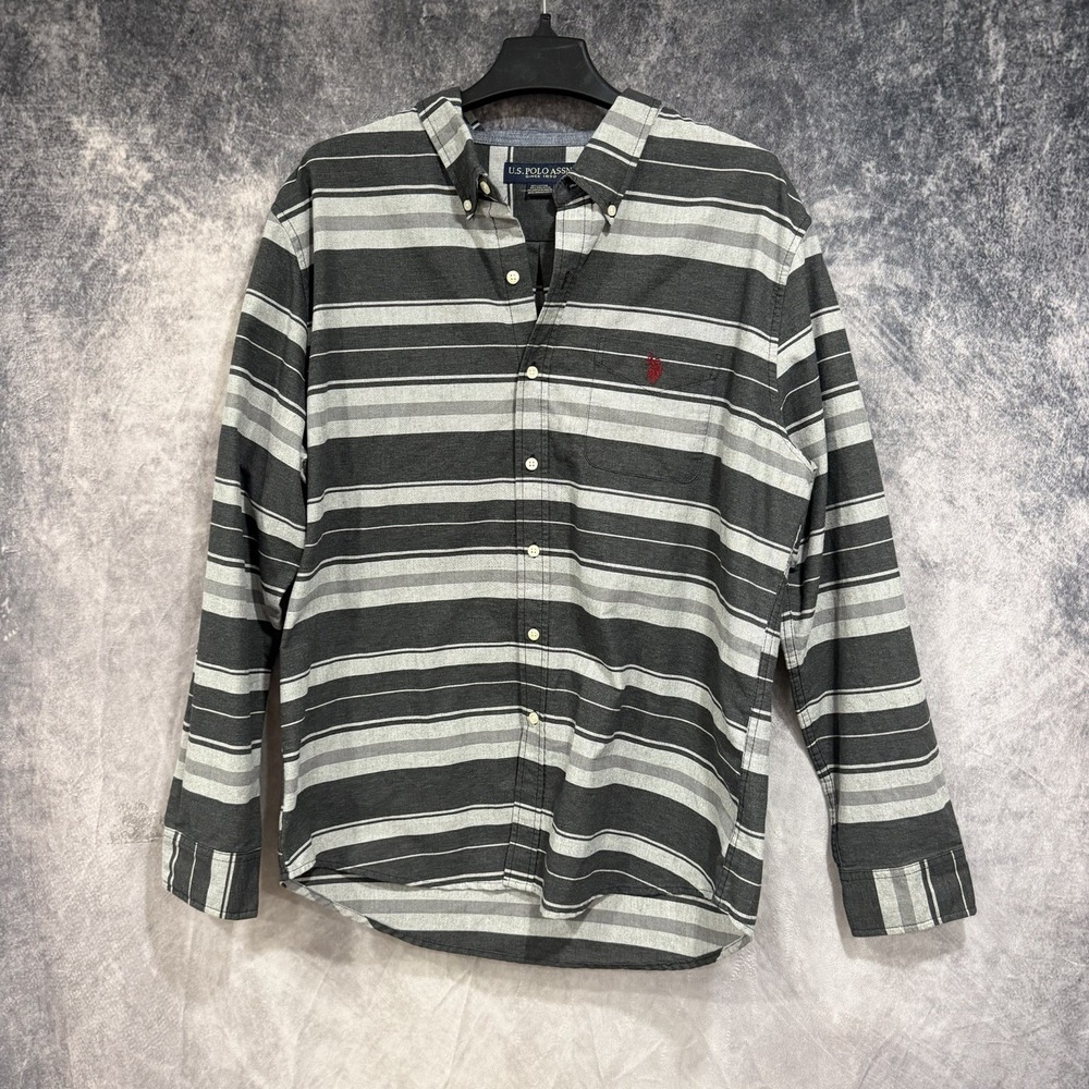 Us Polo Men's Gray Striped Long Sleeve Button Up Shirt Chest Logo XL Classic